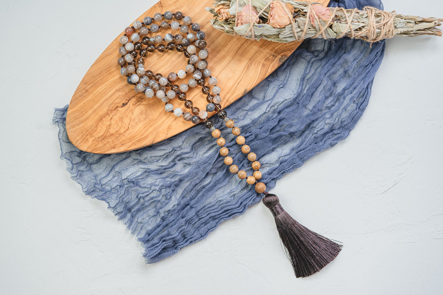 Root Chakra Botswana Agate & Smoky Quartz 108 Bead Zen Mala Knotted Necklace with Tassel