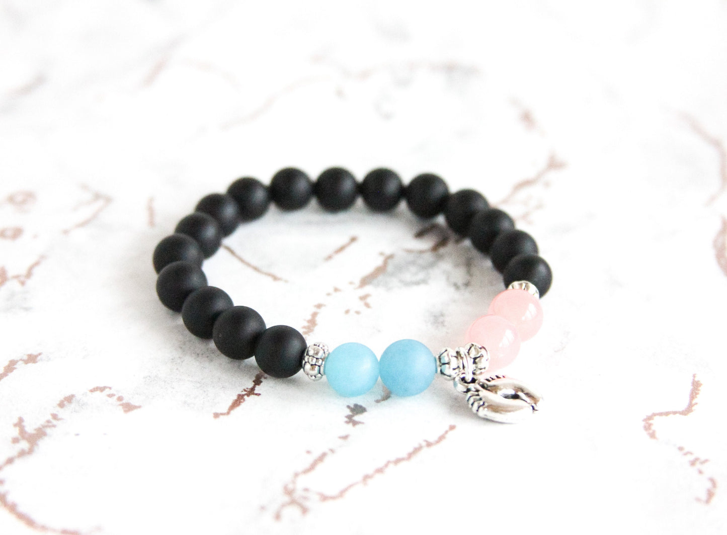 Infant Loss Memorial Black Onyx Bracelet Stack with Pink & Blue Jade