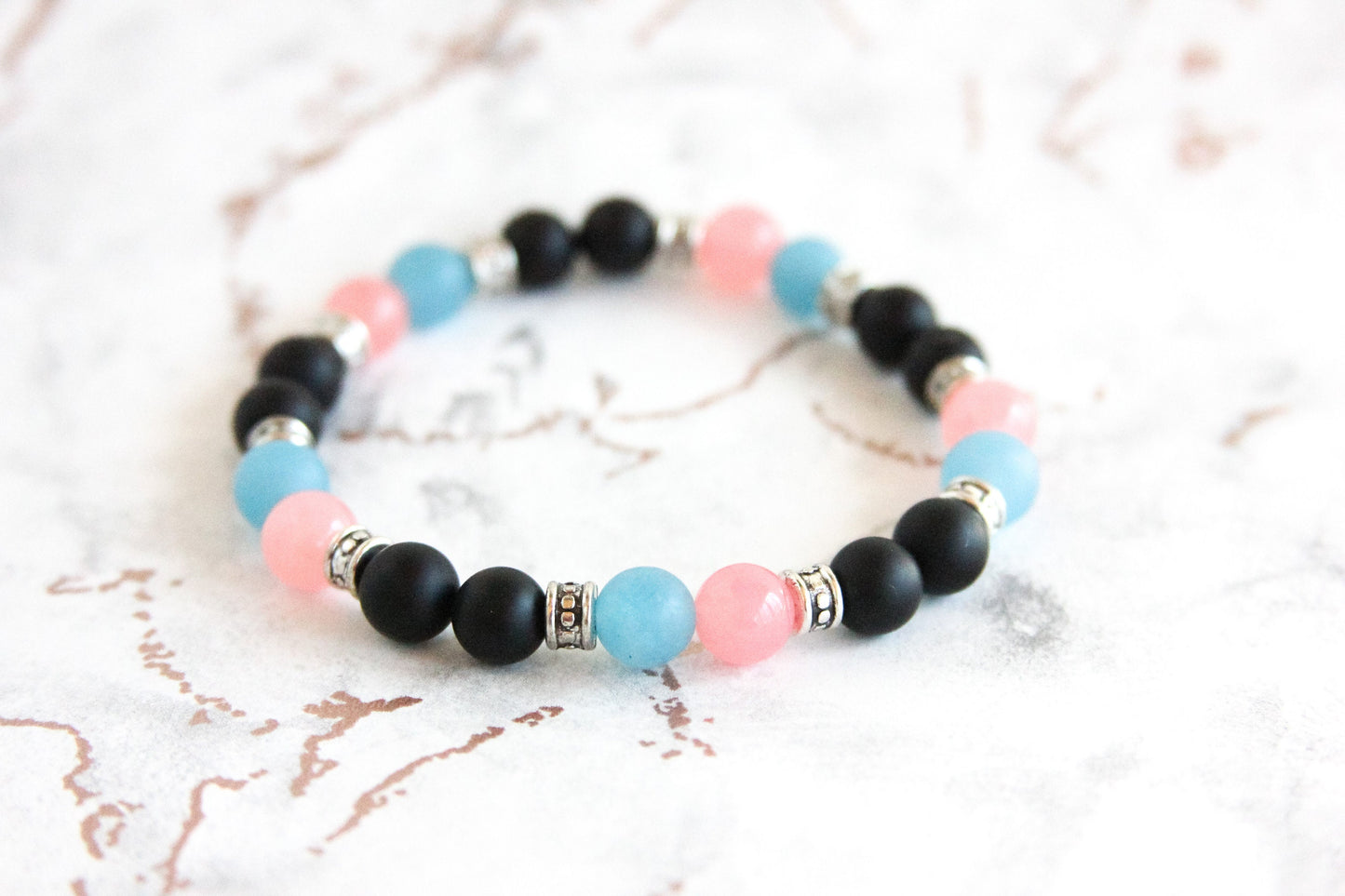 Infant Loss Memorial Black Onyx Bracelet Stack with Pink & Blue Jade