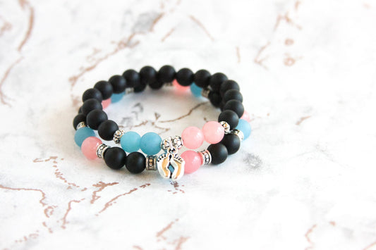 Infant Loss Memorial Black Onyx Bracelet Stack with Pink & Blue Jade