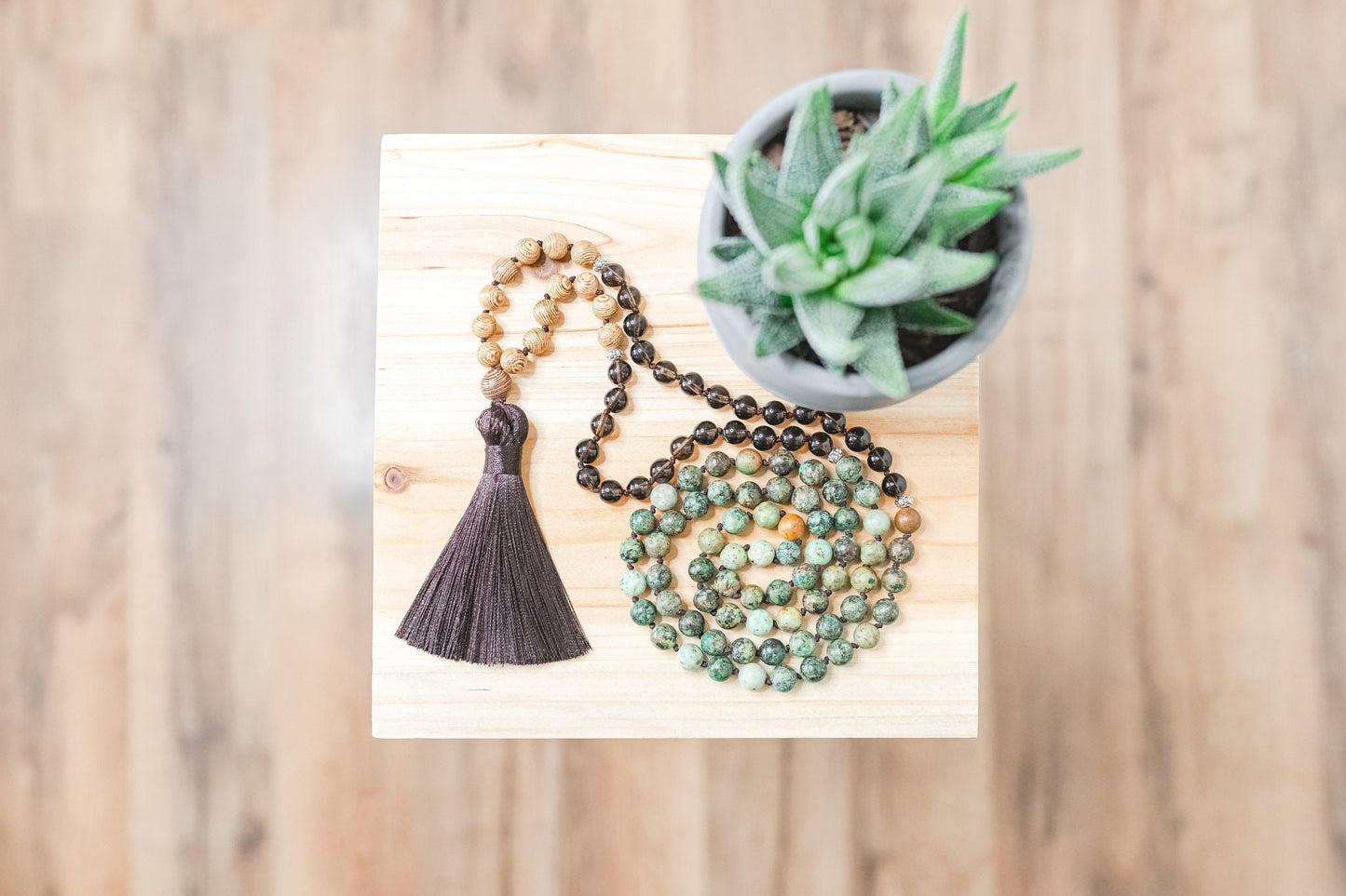 African Turquoise & Smoky Quartz 108 Bead Zen Mala Knotted Necklace