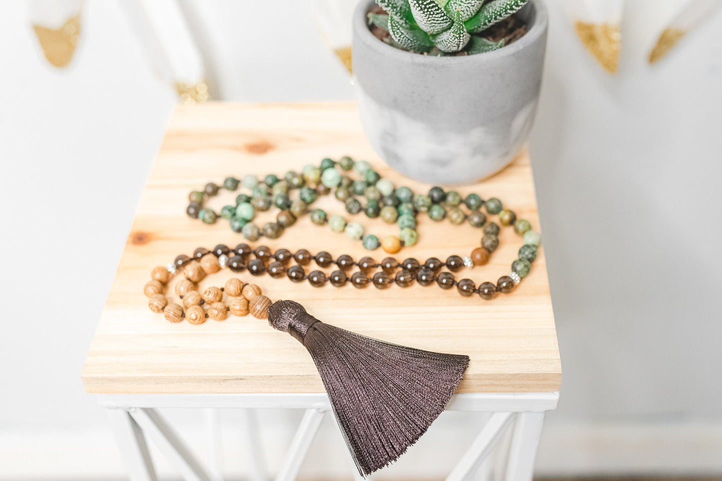 African Turquoise & Smoky Quartz 108 Bead Zen Mala Knotted Necklace