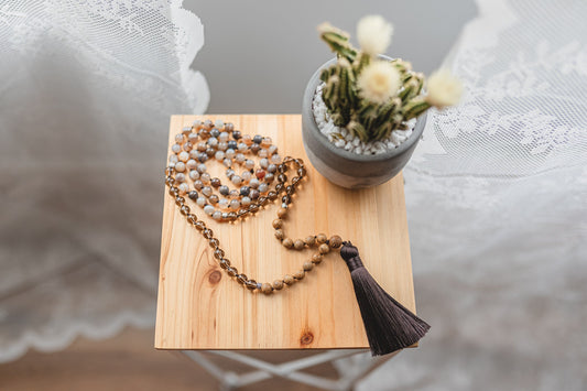 Root Chakra Botswana Agate & Smoky Quartz 108 Bead Zen Mala Knotted Necklace with Tassel