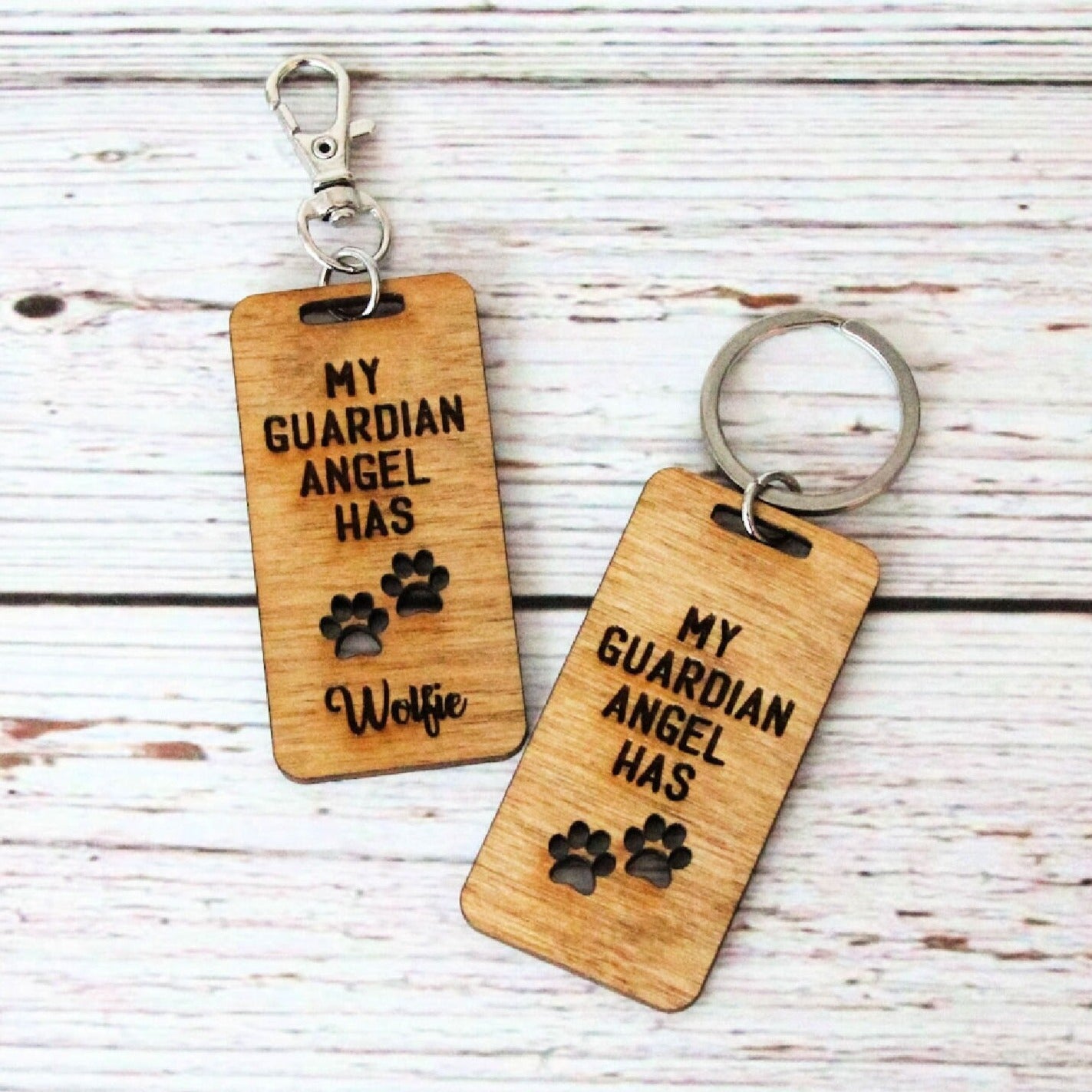My Guardian Angel Has Paws Wood Keychain